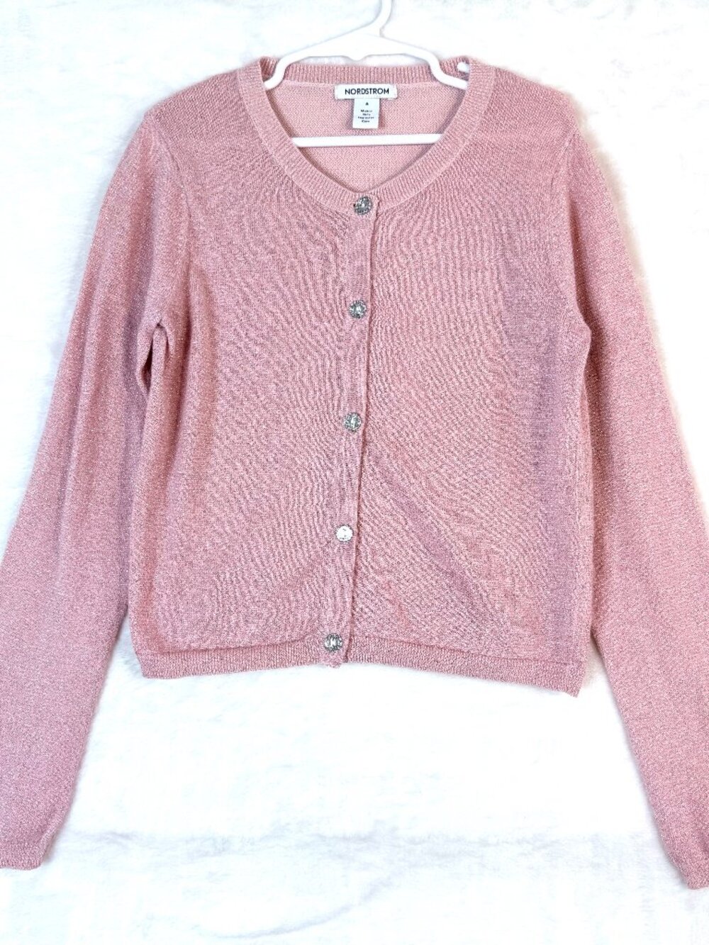 NORDSTROM Girls Jewel Button Front Balletcore Sparkle Cardigan Sweater 8 Pink